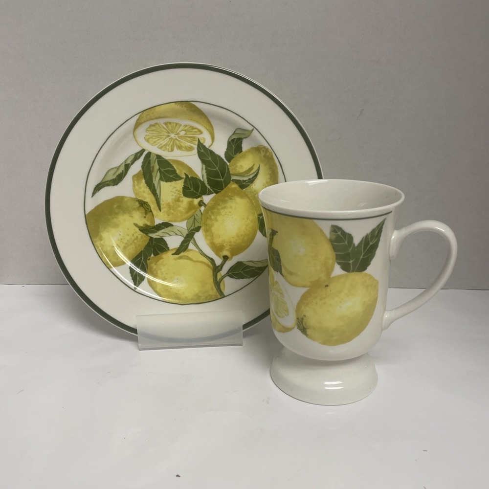 American Atelier Harvest Fruit 5013 Lemon Porcelain Plate and Footed‎ Mug Set